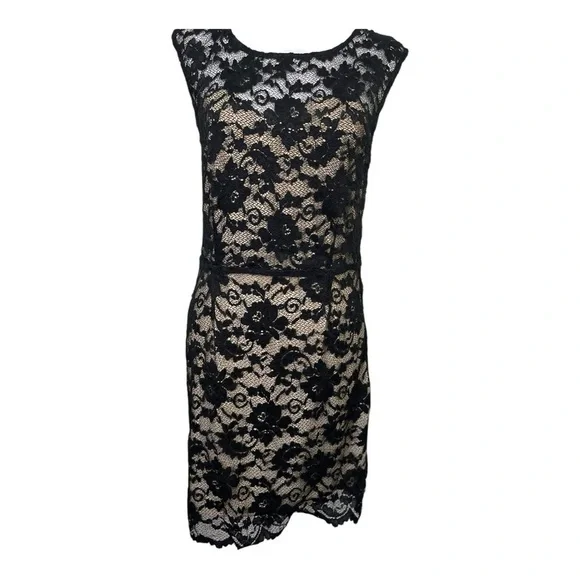 Love Stitch Lace Overlay Nude Lining Sleeveless Mini Dress Side Zipper Medium - Picture 2 of 12